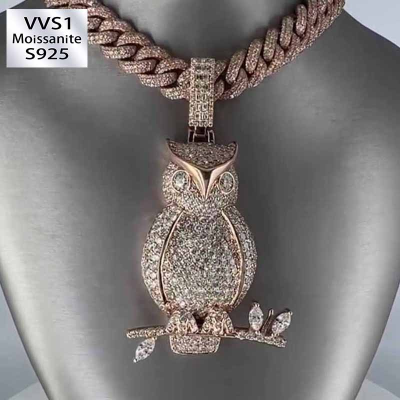S925 Silver Moissanite Owl Pendant