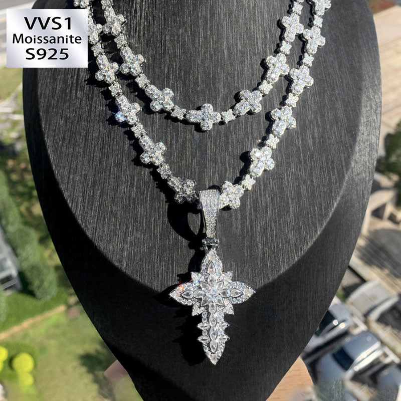Moissanite Ice Lotus Flower Cross Pendant Chain Set