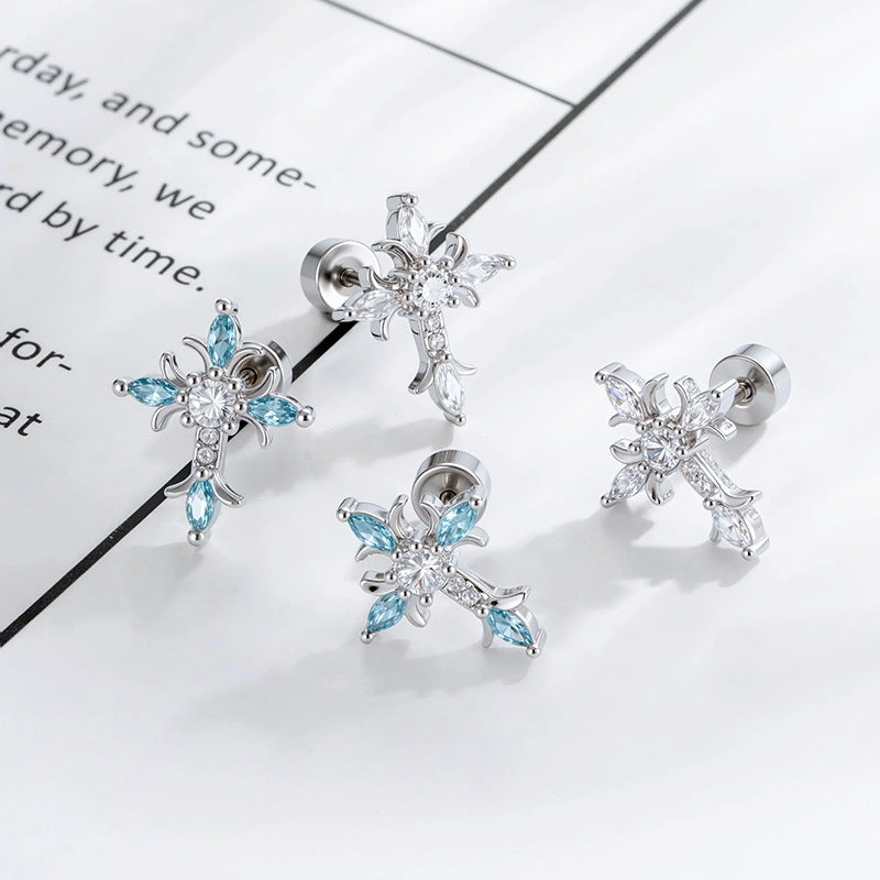 Sterling Silver Floral Cross Bullet Back Earring【A pair of earrings】
