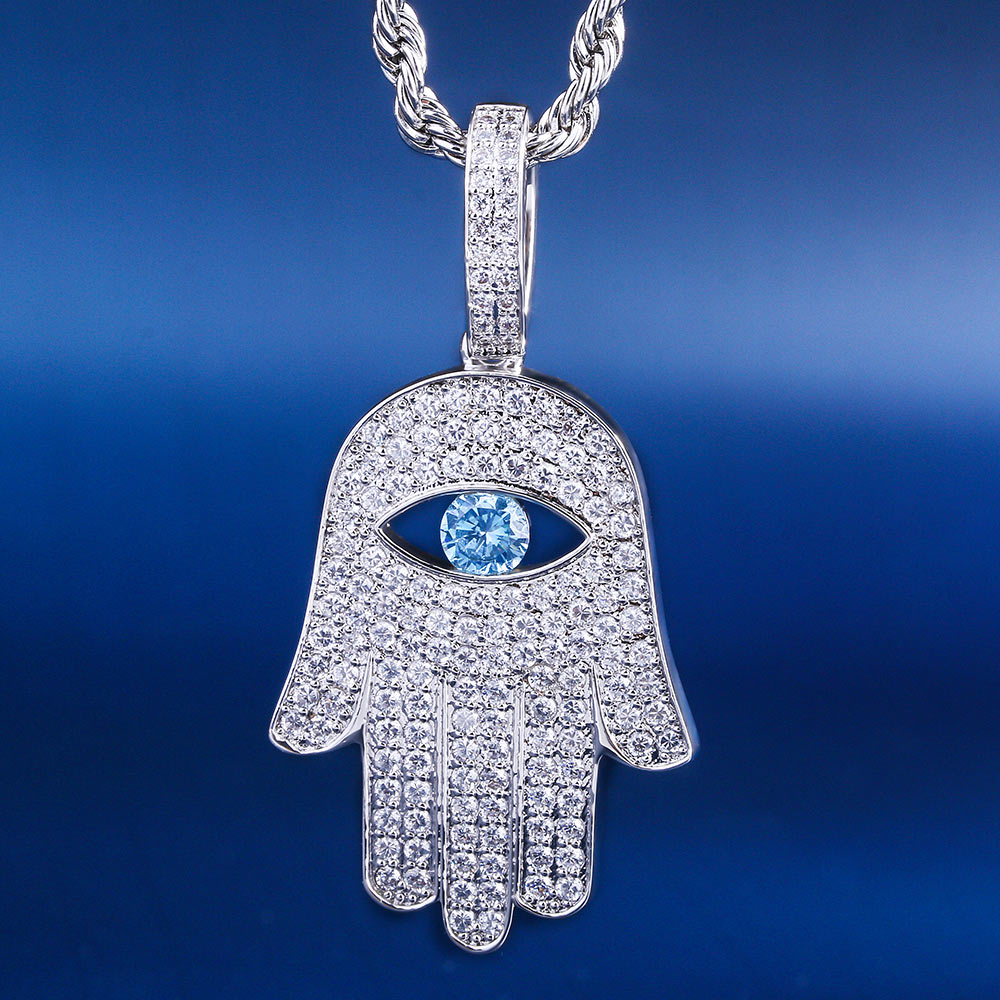 Iced Out Hamsa Hand Mens Moissanite Pendant Necklace in 14K Gold