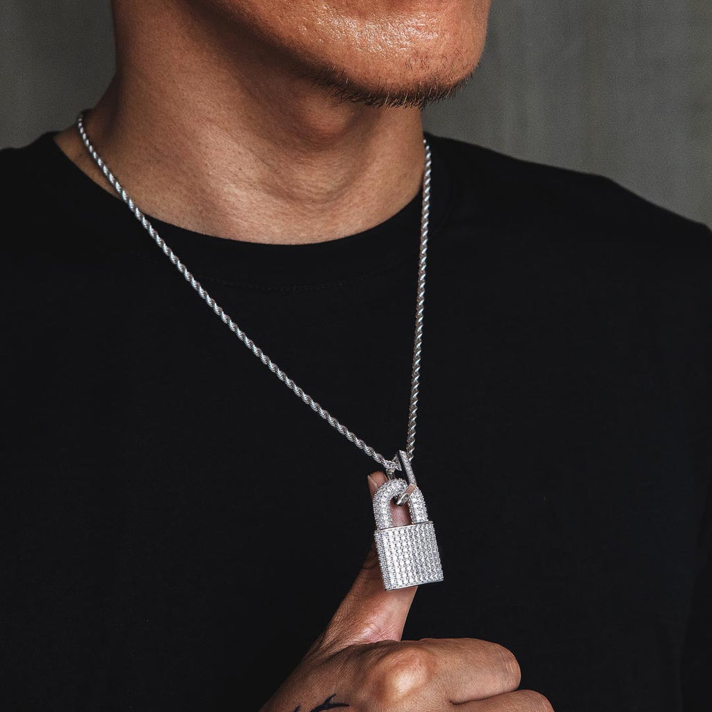Iced Out Lock Mens Moissanite Pendant Necklace in White Gold