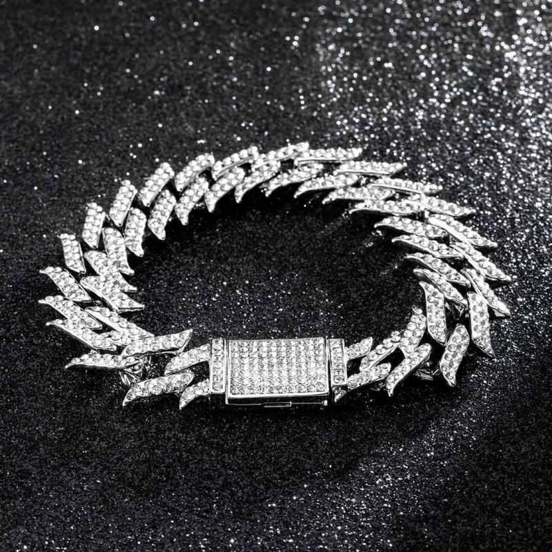 18mm Moissanite Iced Spiked Cuban Bracelet in White Gold