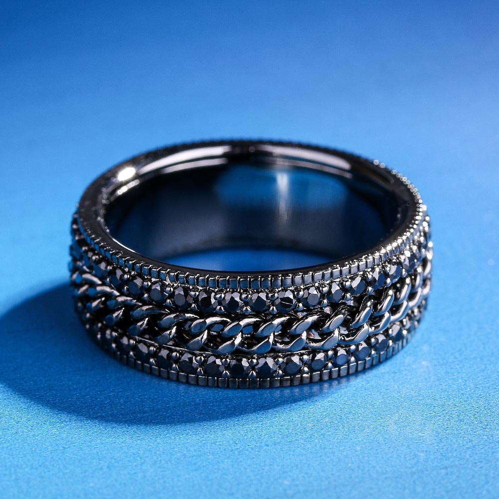 Iced Out Moissanite Cuban Link Rotating Mens Ring in Black Gold