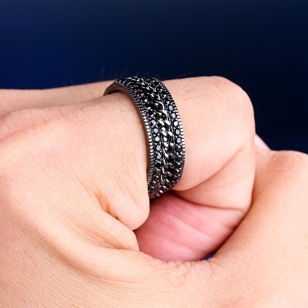 Iced Out Moissanite Cuban Link Rotating Mens Ring in Black Gold