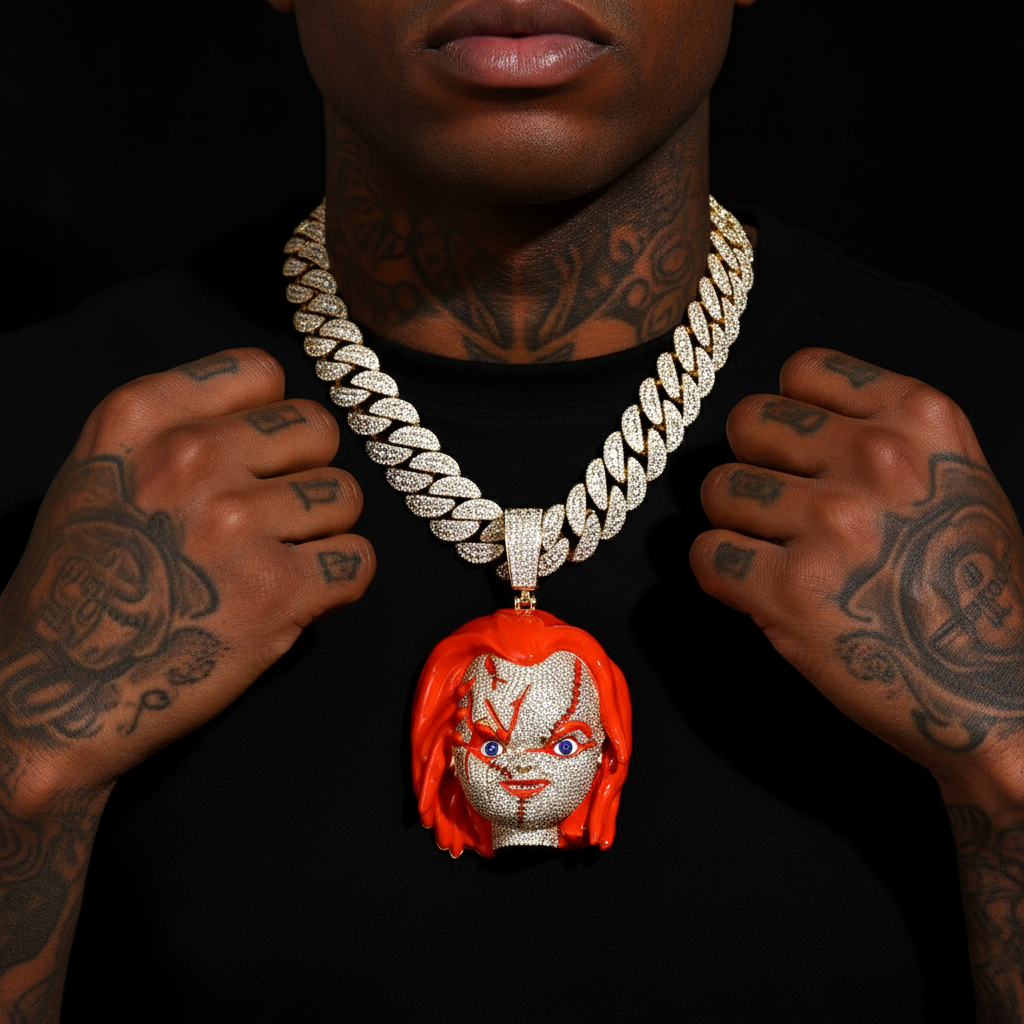 Man wearing iced-out Chucky pendant on thick Cuban link chain, hip-hop jewelry style