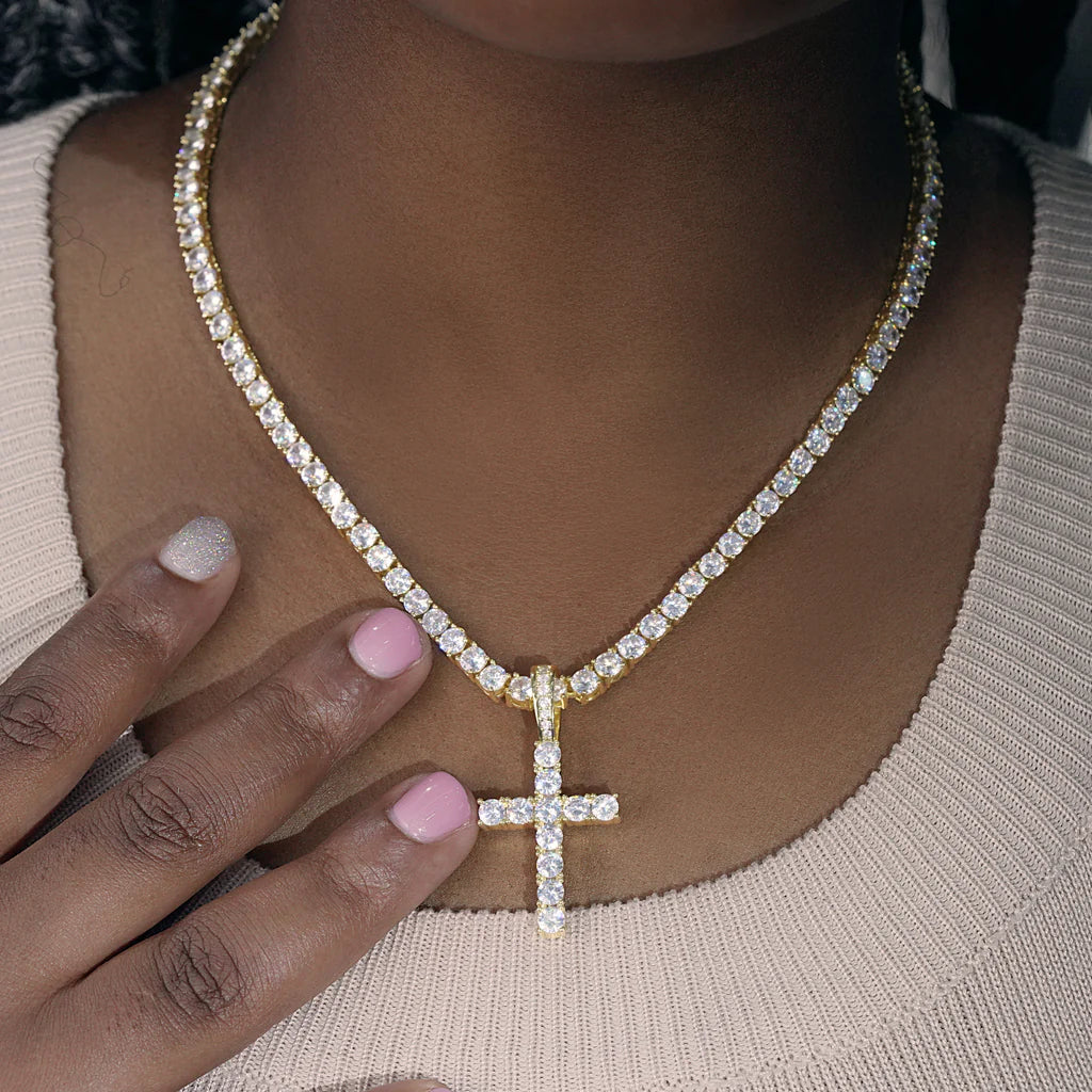 Bundle White Gold Iced Cross + 3mm Iced Tennis Chain Set