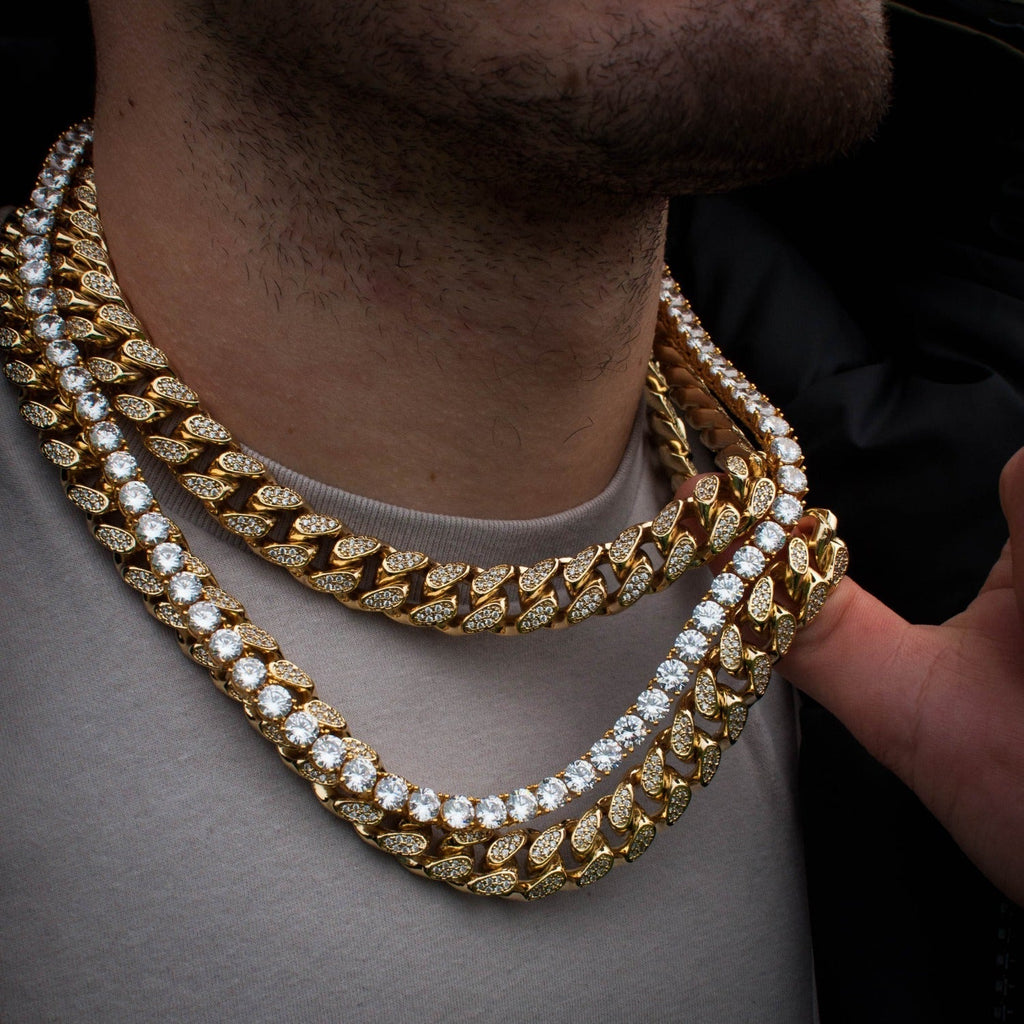 Moissanite Cuban Link + Tennis Chain Bundle in 18K Gold Set