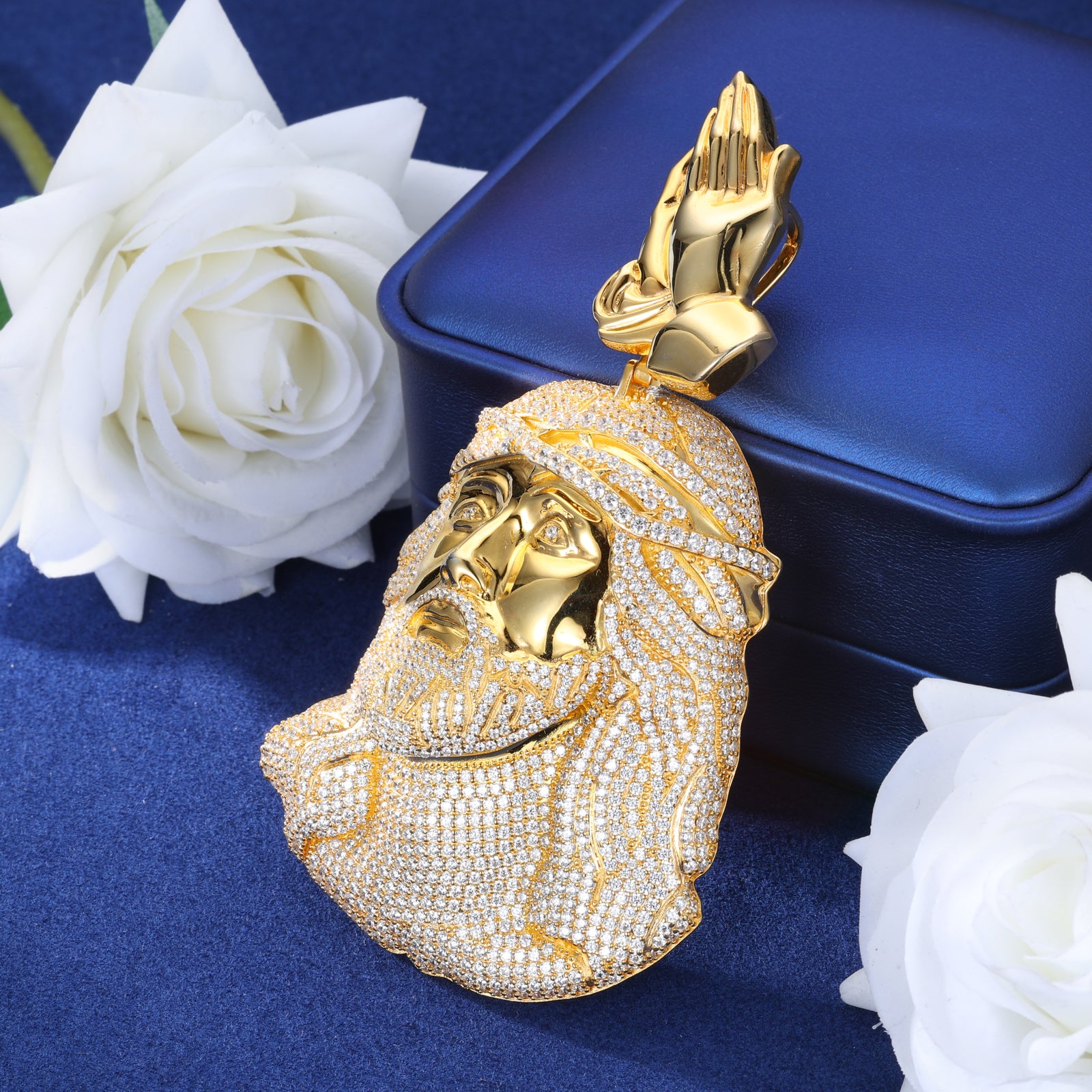 Religious Jewelry | Iced Out Jesus Hand Pendant "Pray Hand Bail"