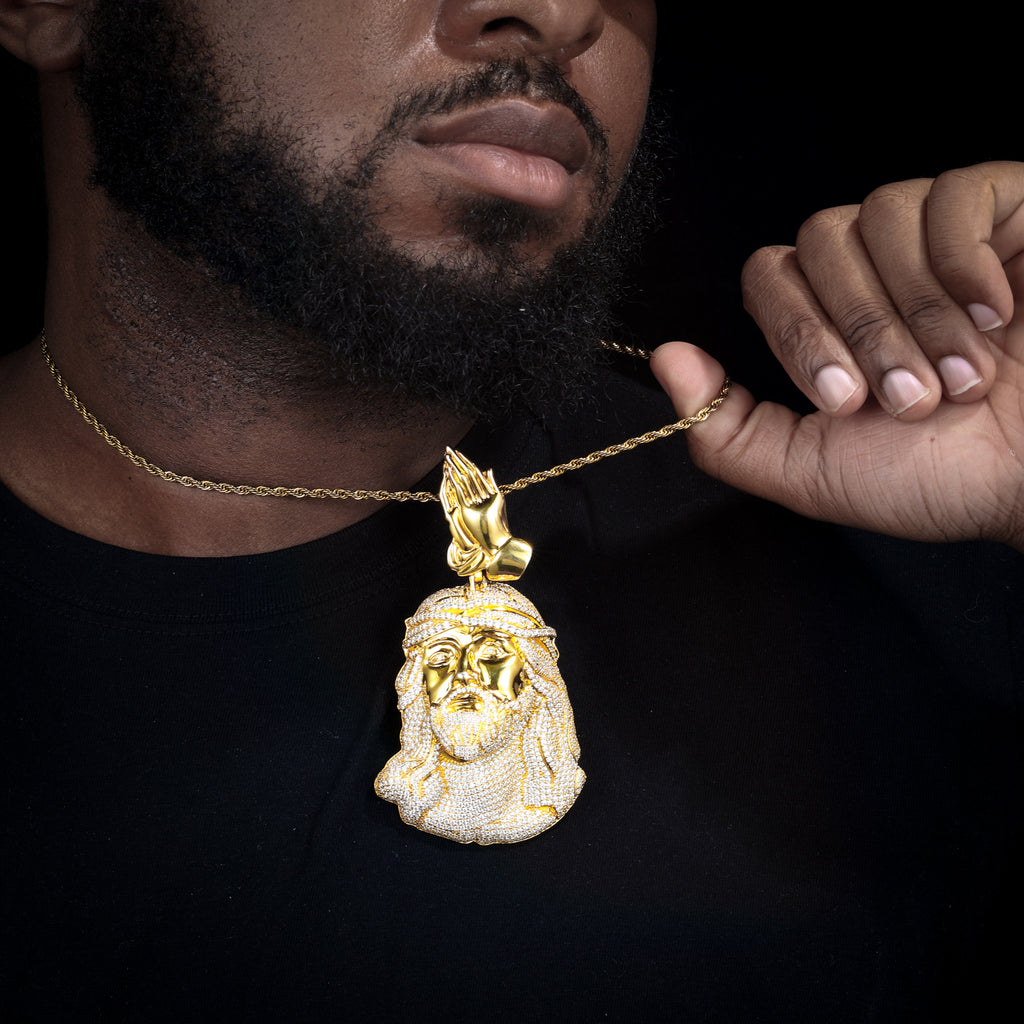 Religious Jewelry | Iced Out Jesus Hand Pendant "Pray Hand Bail"