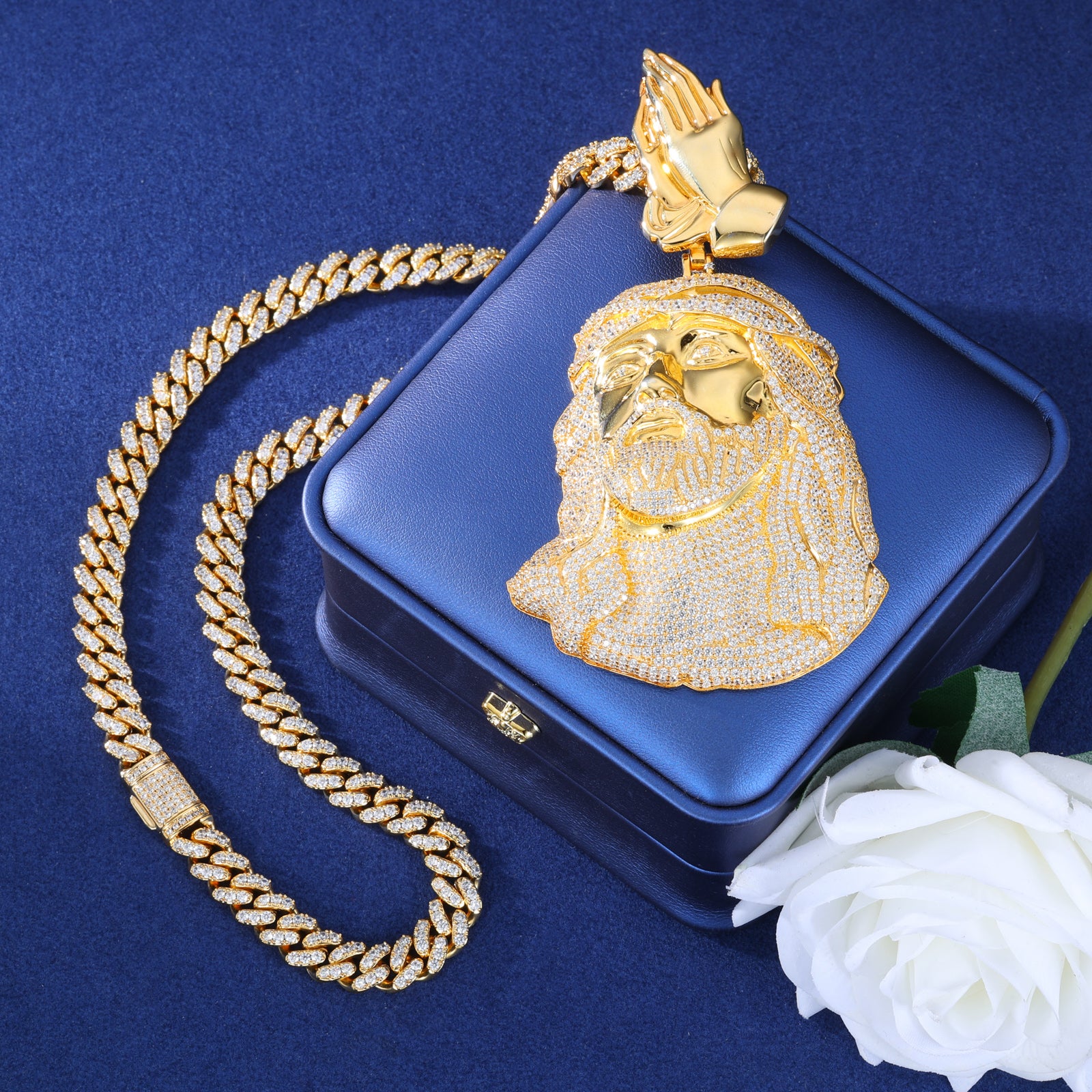 Religious Jewelry | Iced Out Jesus Hand Pendant "Pray Hand Bail"