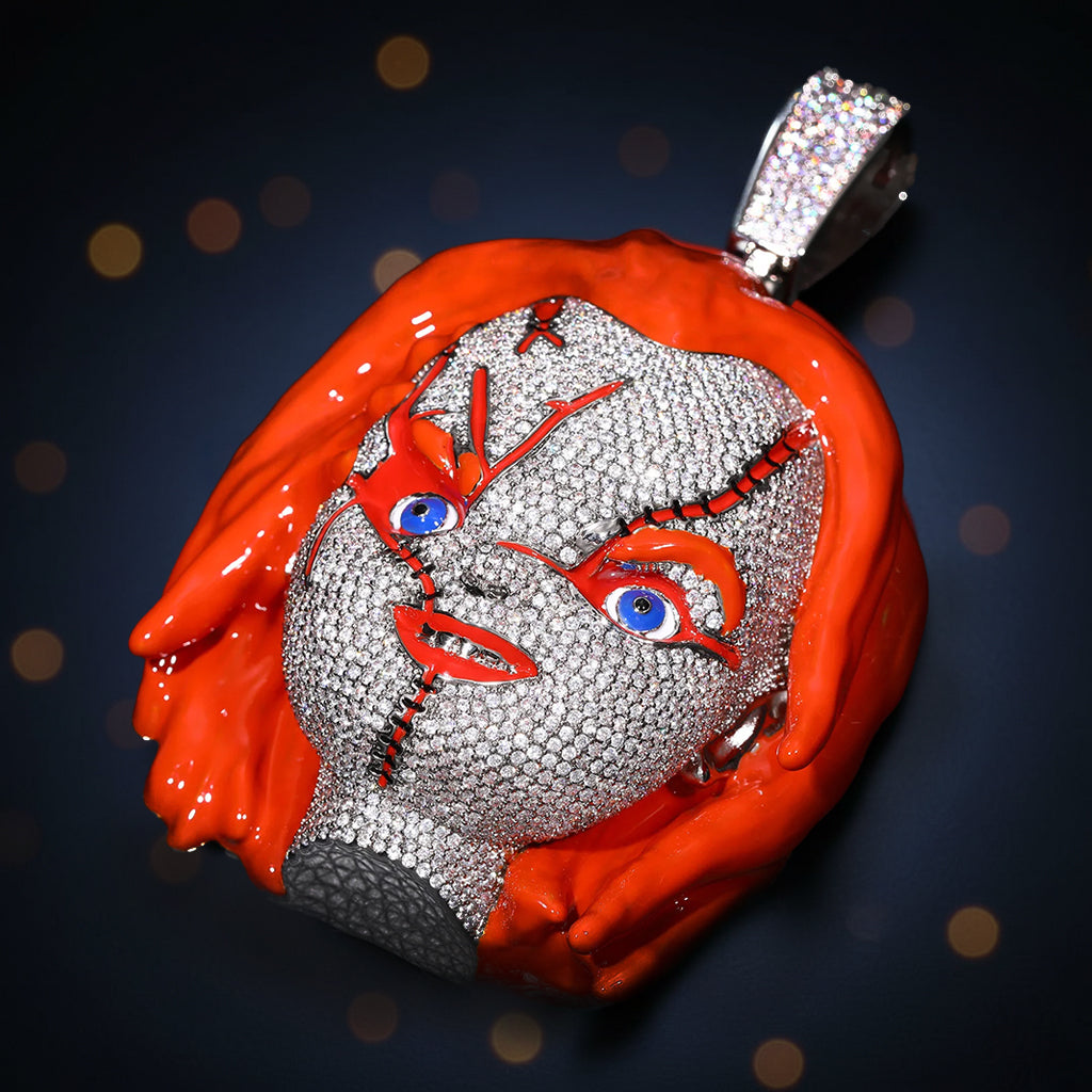 Moissanite Chucky pendant with orange enamel hair and iced-out stones
