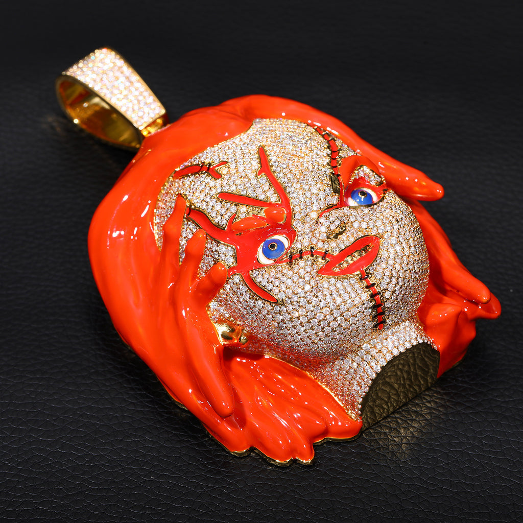Moissanite Chucky pendant with orange enamel hair and iced-out stones