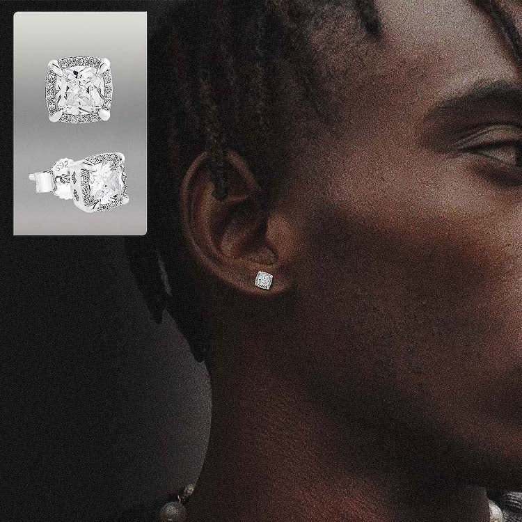 S925 & VVS Moissanite Princess Cut Moissanite Stud Mens Earrings