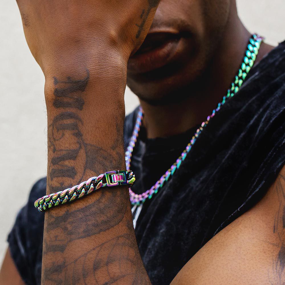 10mm Rainbow Cuban Link Bracelet and Chain Set