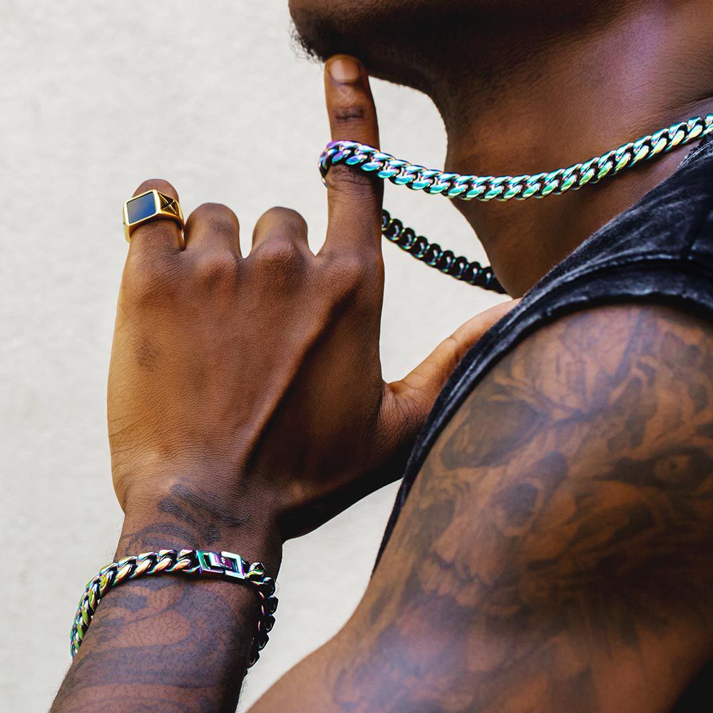 10mm Rainbow Cuban Link Bracelet and Chain Set