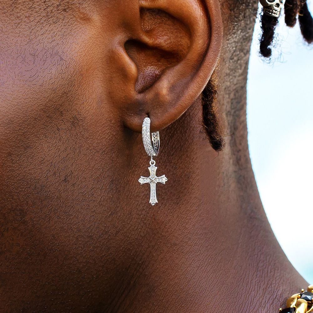 Iced Out Hoop Earrings for Men with Moissanite Dangle Cross