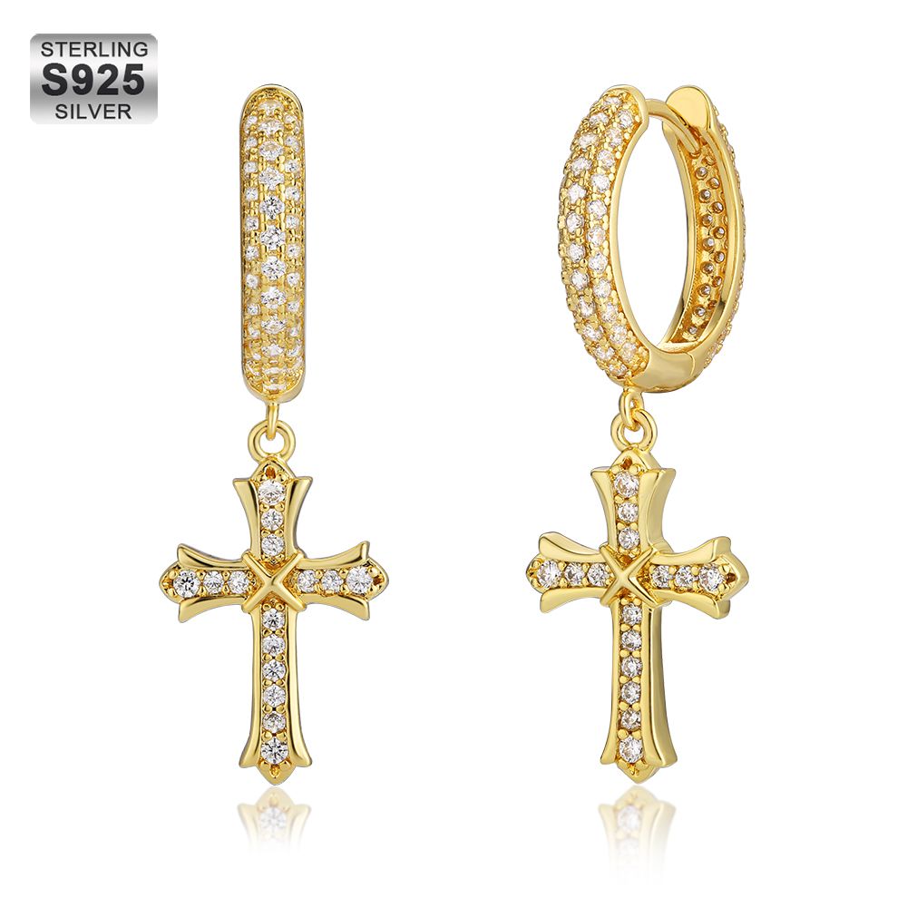 Iced Out Hoop Earrings for Men with Moissanite Dangle Cross