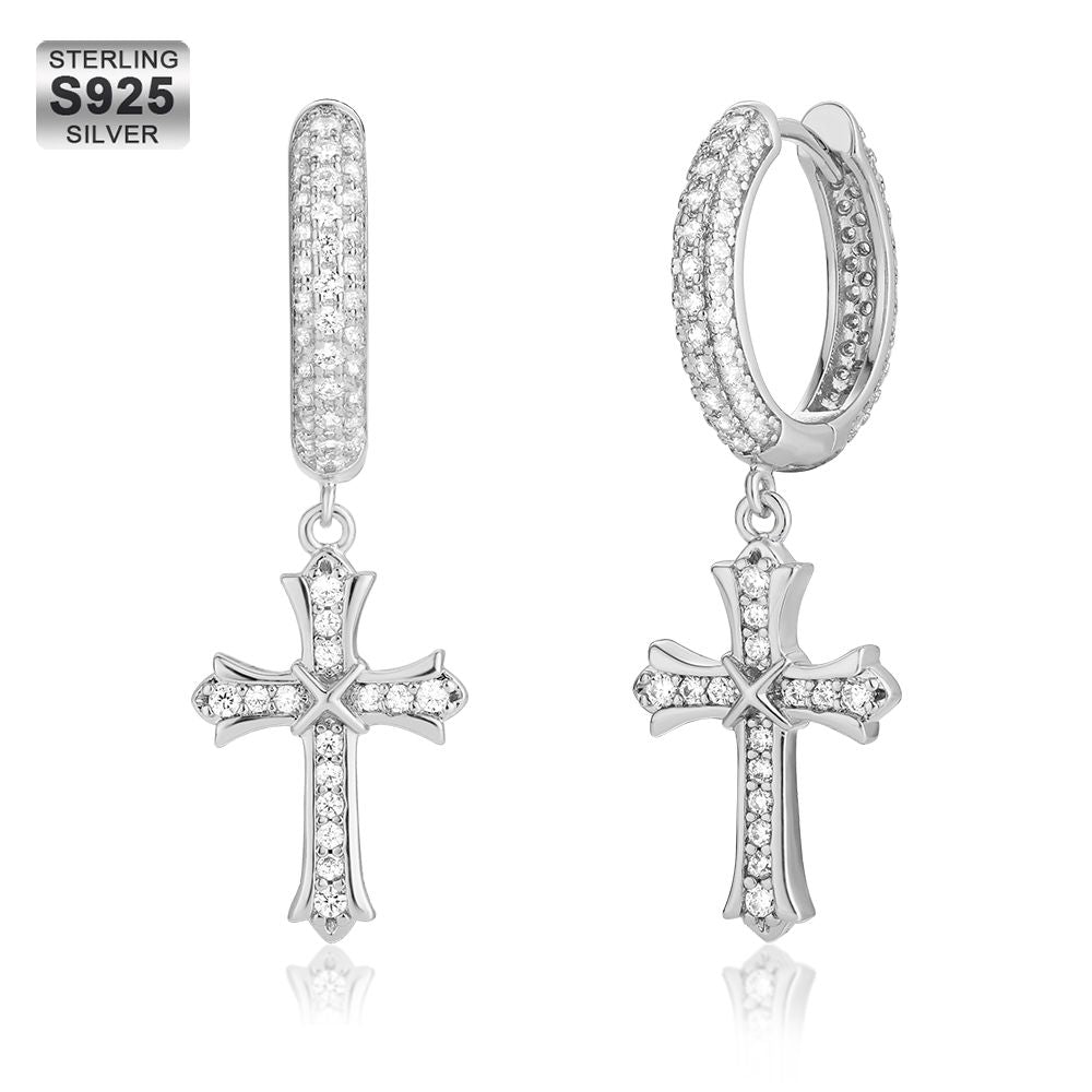 Iced Out Hoop Earrings for Men with Moissanite Dangle Cross