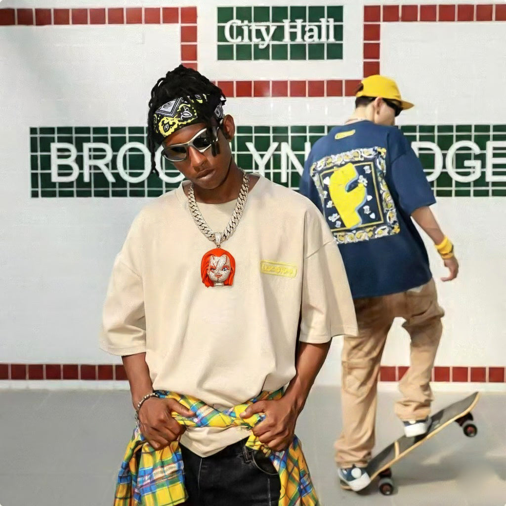 Streetwear model wearing moissanite Chucky pendant, hip-hop fashion in Brooklyn subway setting