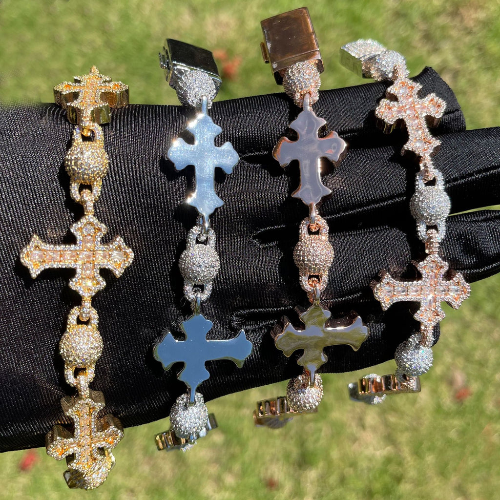 Hip-Hop Cross Bracelet with Moissanite Beads