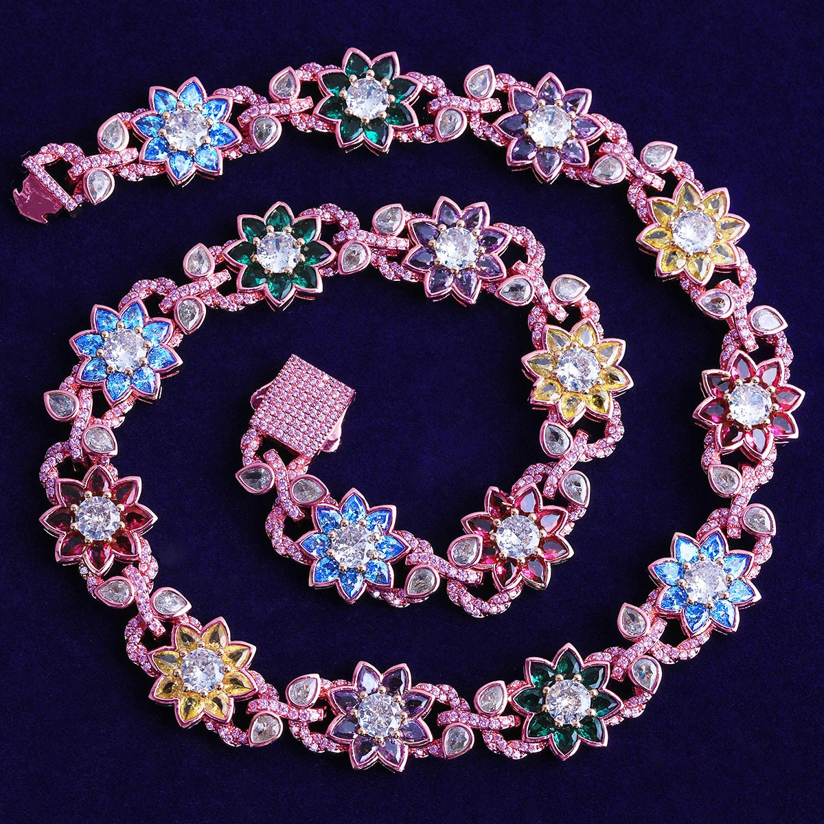 Hip-Hop Colored Flower Leaf Necklace with Moissanite