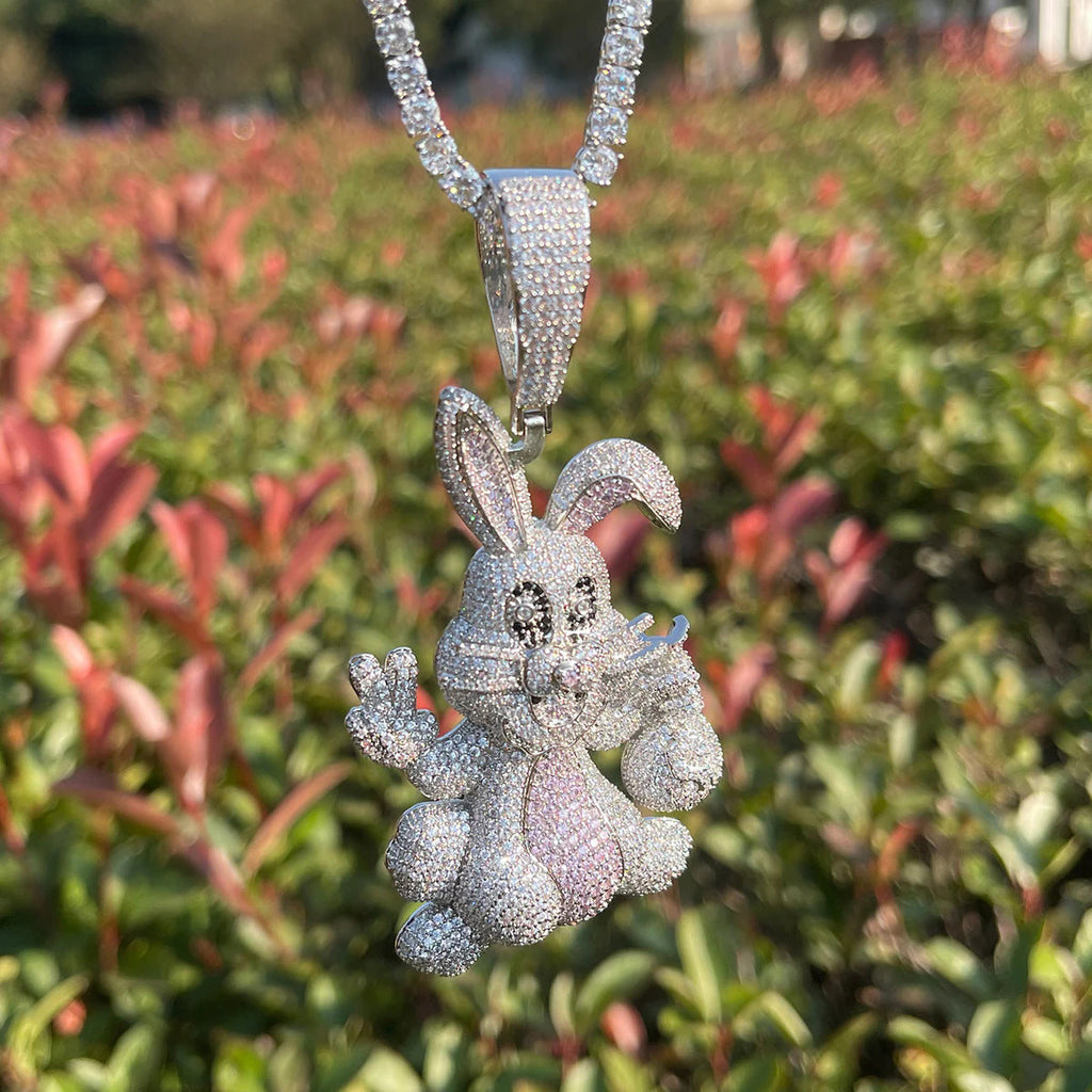 Moissanite Hip Hop 3D Cartoon Animal Rabbit Pendant