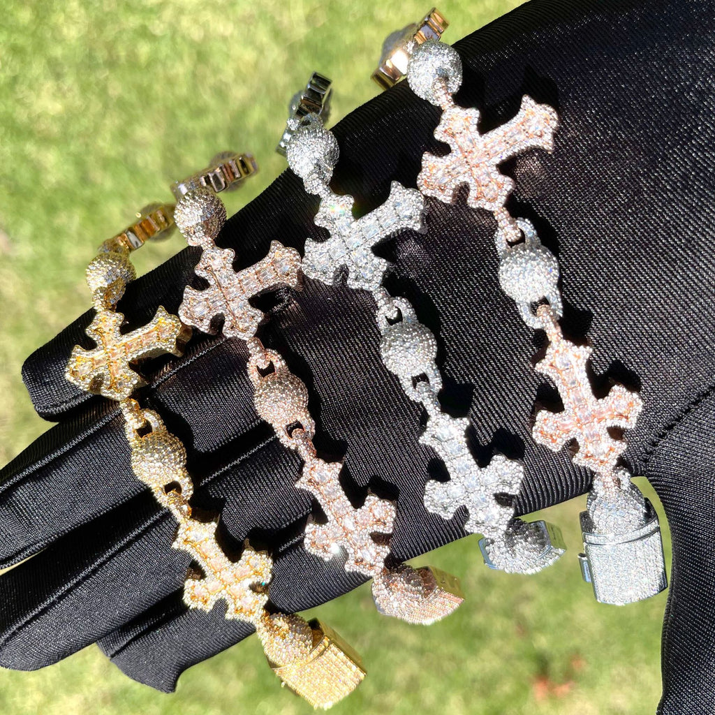Hip-Hop Cross Bracelet with Moissanite Beads
