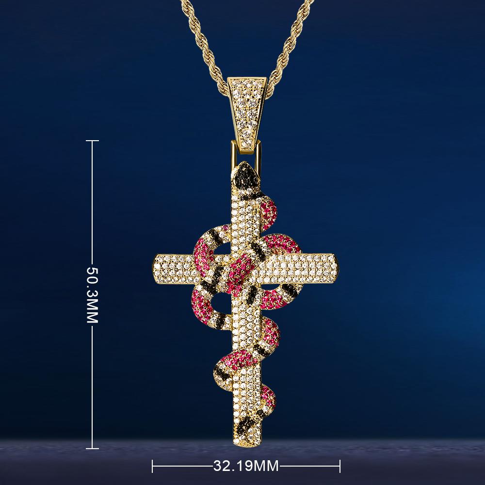 Moissanite Iced Out Mens Cross with Coral Snake Twist Pendant