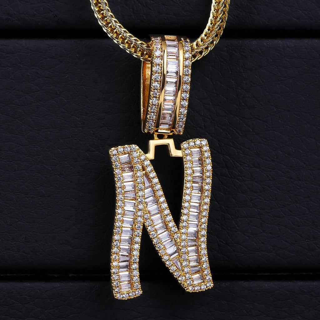 Iced Out Baguette Cut Letters Pendant Name Moissanite Necklace in White Gold/Gold