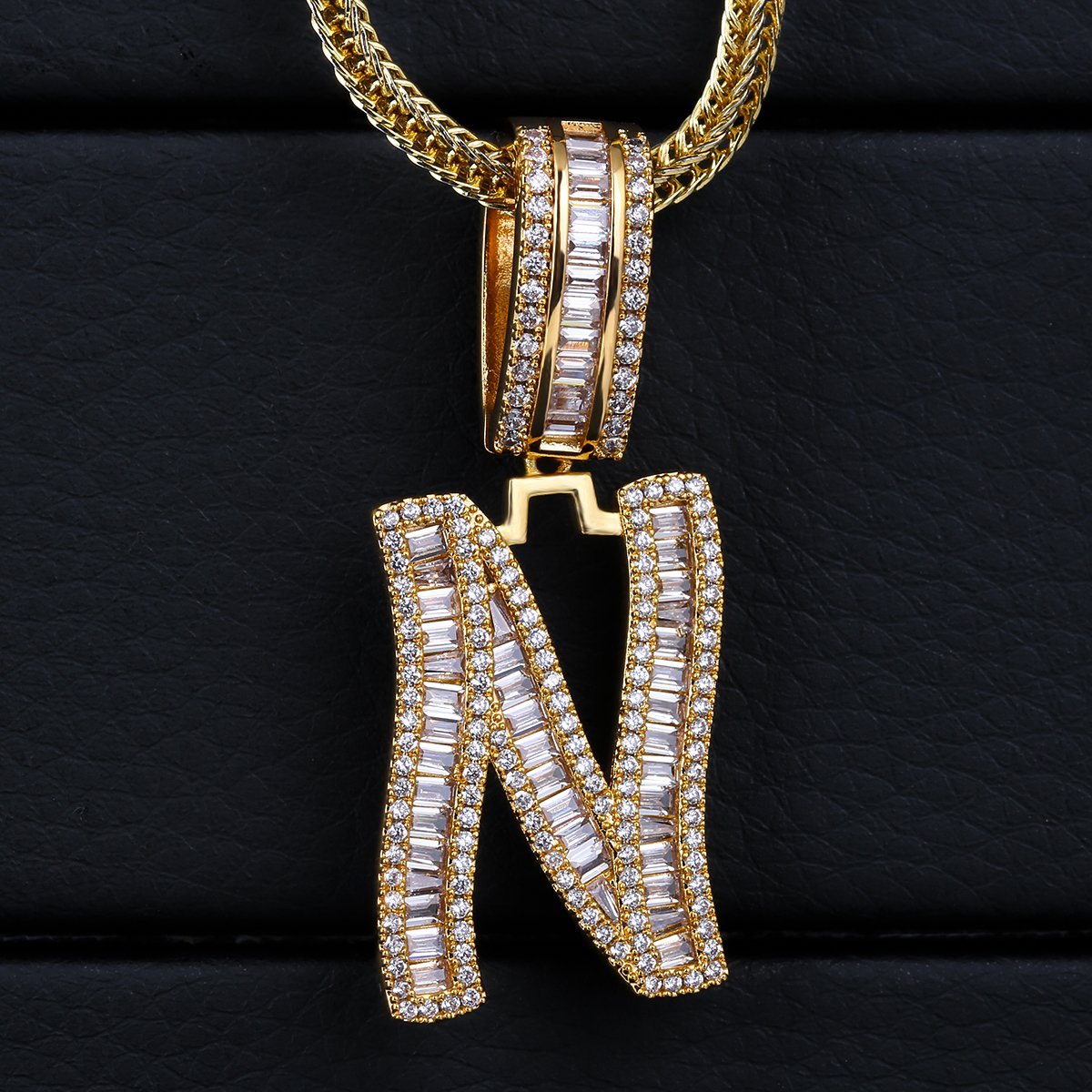 Iced Out Baguette Cut Letters Pendant Name Moissanite Necklace in White Gold/Gold