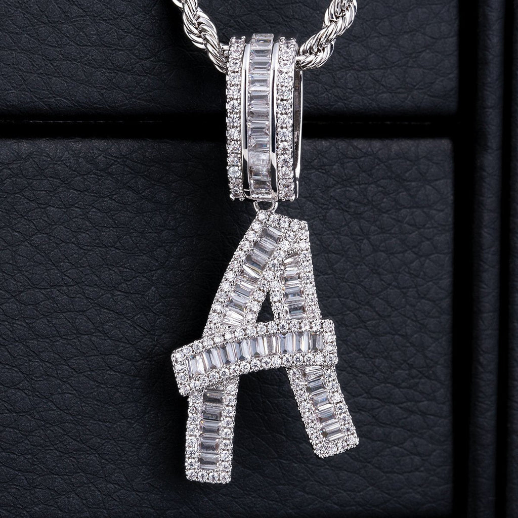 Iced Out Baguette Cut Letters Pendant Name Moissanite Necklace in White Gold/Gold