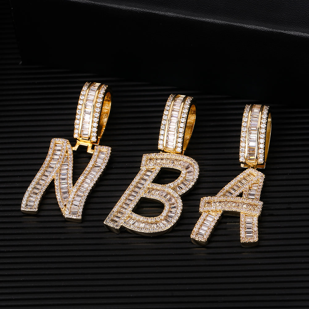 Iced Out Baguette Cut Letters Pendant Name Moissanite Necklace in White Gold/Gold