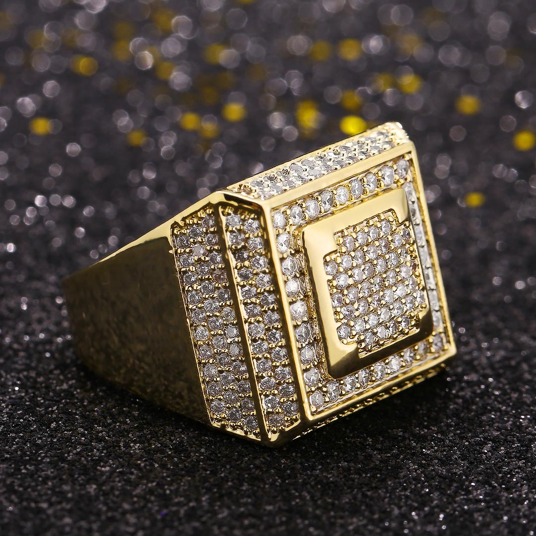 Moissanite Retro Cubist Mens Ring in 14K Gold