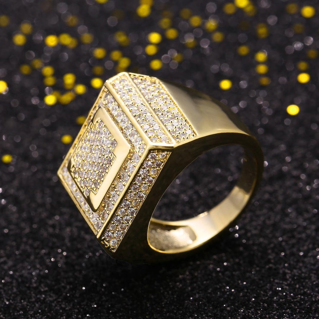 Moissanite Retro Cubist Mens Ring in 14K Gold