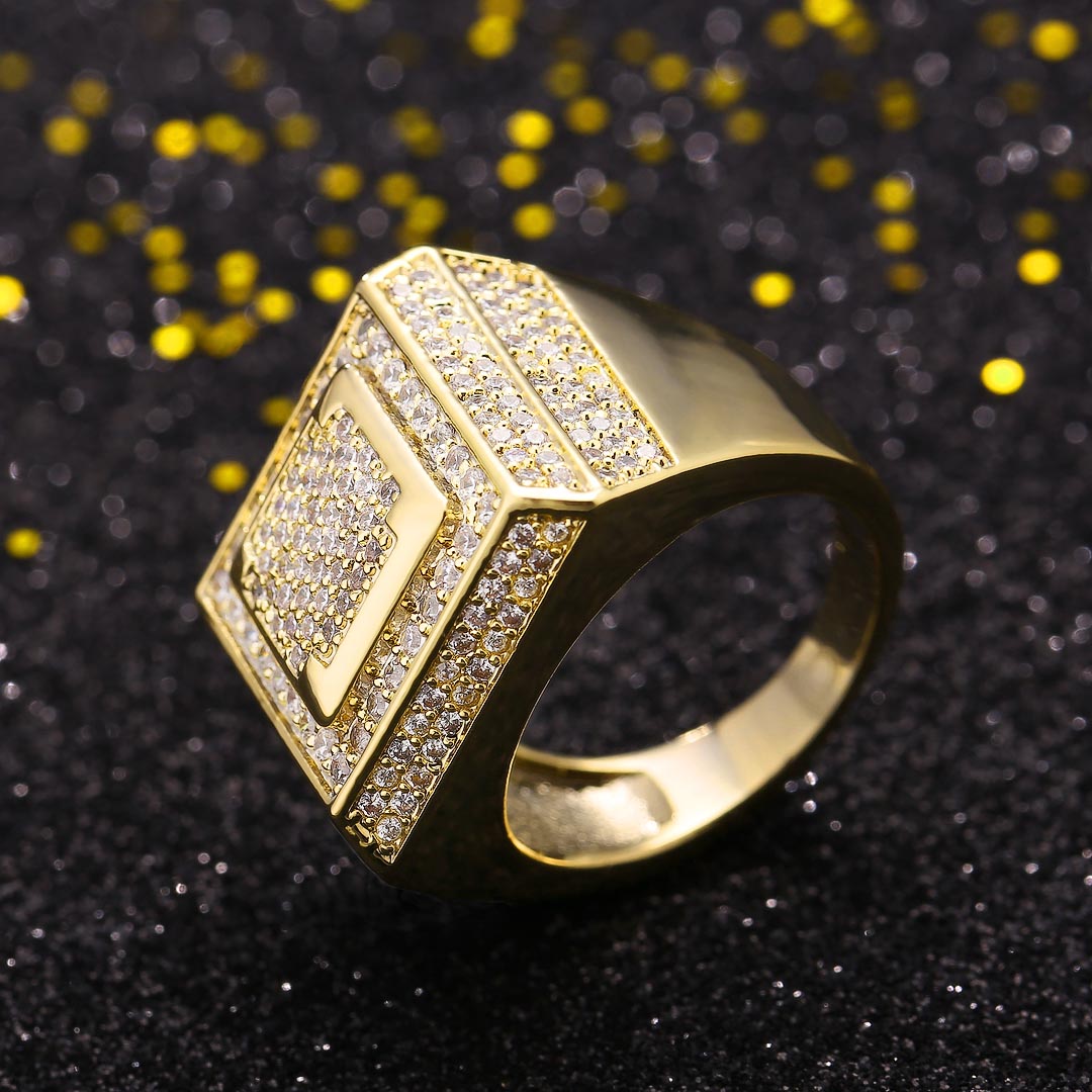 Moissanite Retro Cubist Mens Ring in 14K Gold