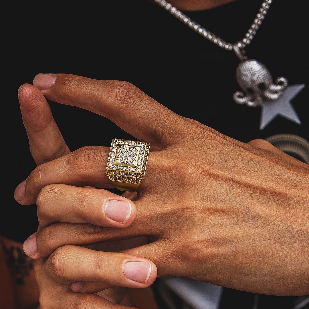 Moissanite Retro Cubist Mens Ring in 14K Gold