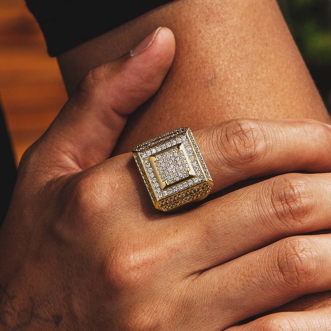 Moissanite Retro Cubist Mens Ring in 14K Gold