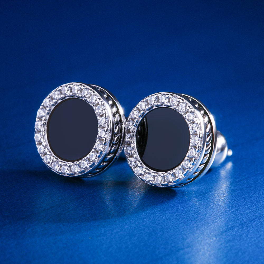 S925 Round Black Onyx Moissanite Stud Earrings for Men