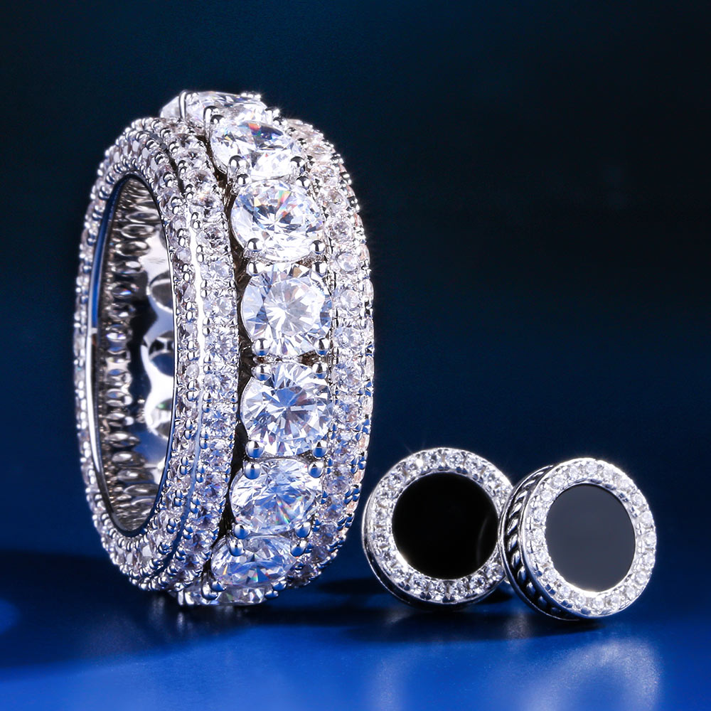 Iced Ring and Onyx Earrings Set White Gold Plated