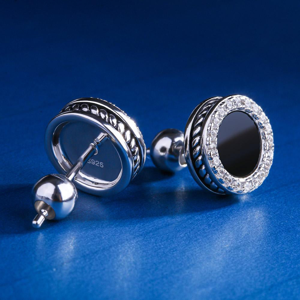 Iced Ring and Onyx Earrings Set White Gold Plated