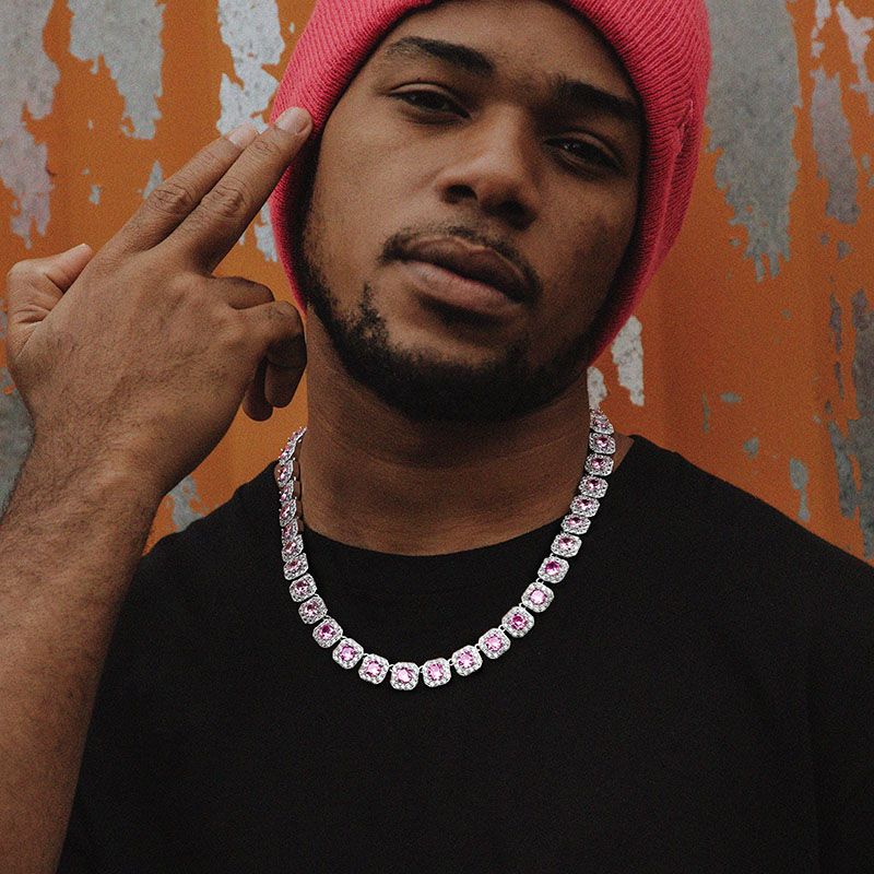 12mm Handset Pink Clustered Moissanite Tennis Chain in White Gold