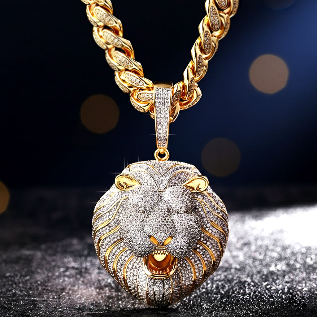 Iced-Out King Lion Pendant & Chain Set (Gold or Silver)【A21】