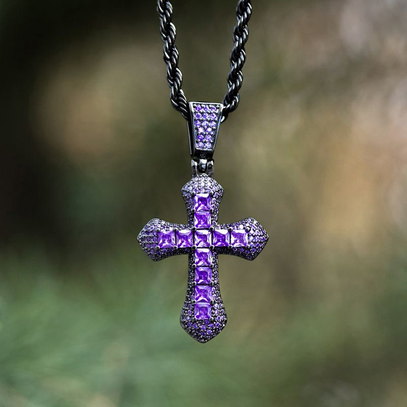Iced Purple Princess Cut Cross Moissanite Pendant in Black Gold