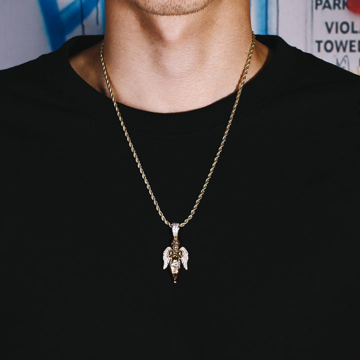 Iced Out Mens Angel Moissanite Pendant Necklalce in 14K Gold/White Gold