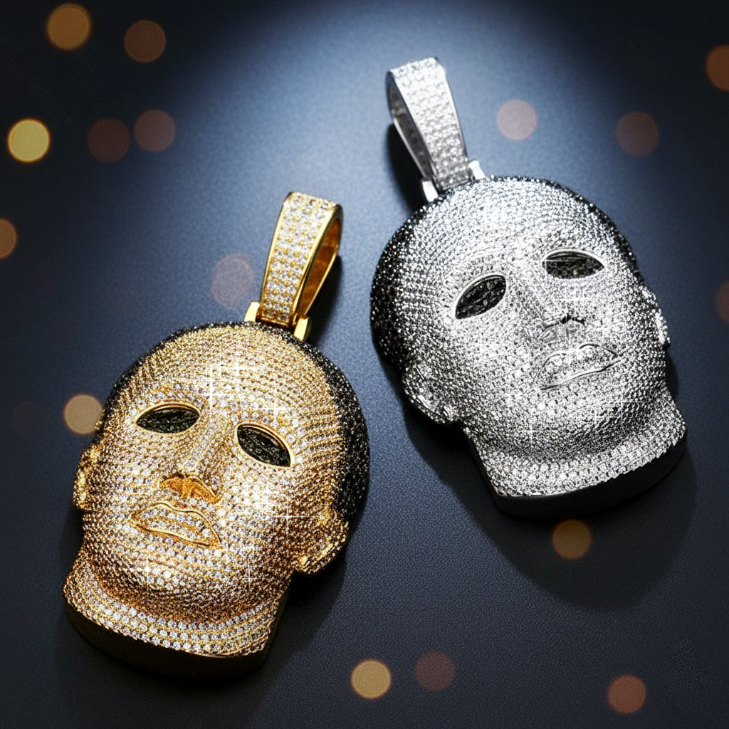Hip Hop Mystery Mask Iced-Out Pendant, Gold & Silver【A43】