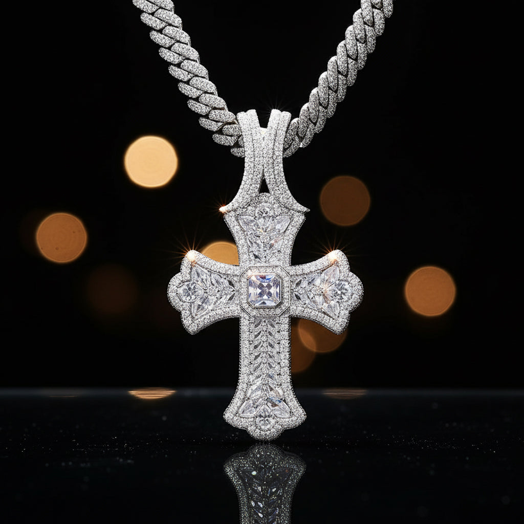 Regal Iced-Out Cross Pendant & Chain Set【A46】