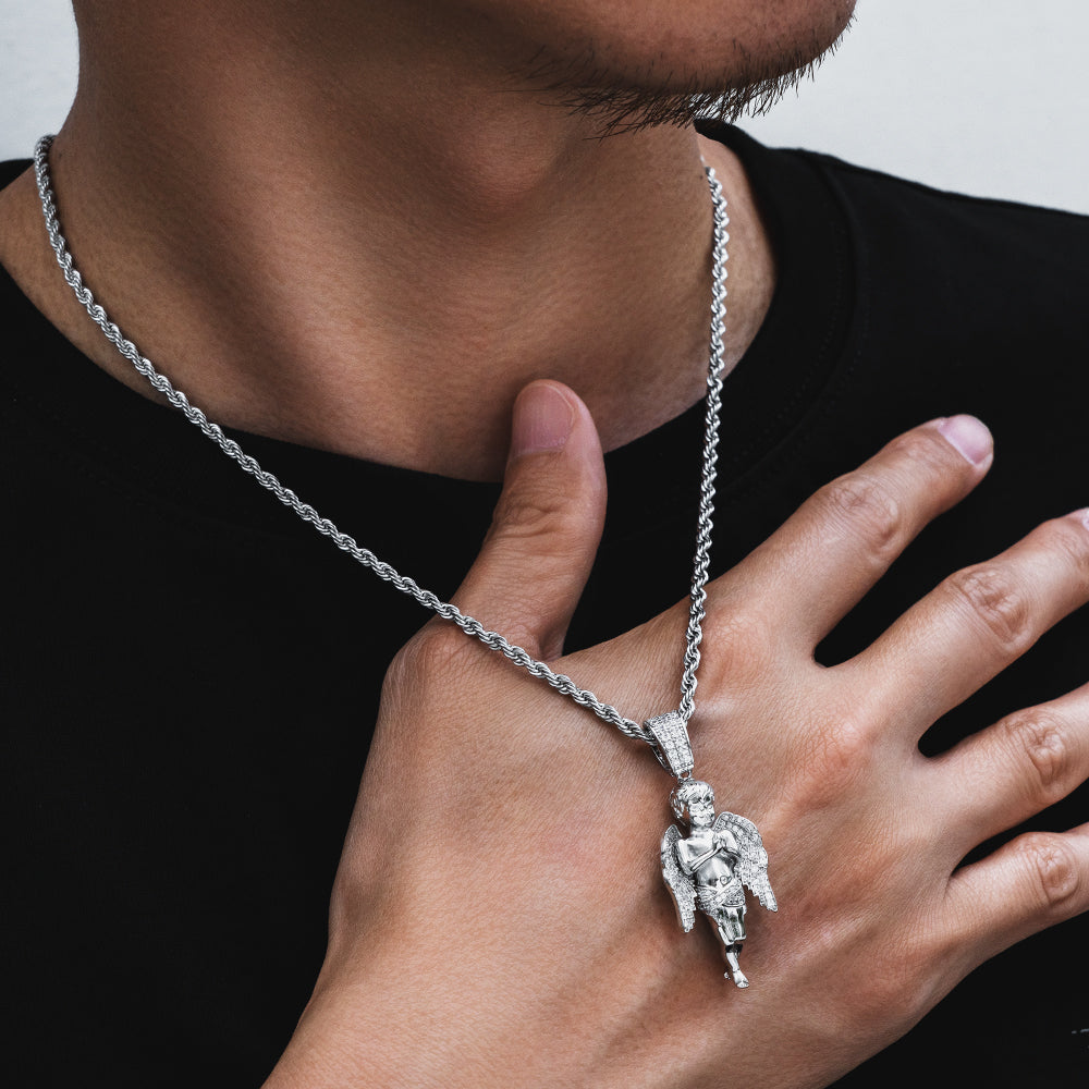 Iced Out Mens Angel Moissanite Pendant Necklalce in 14K Gold/White Gold