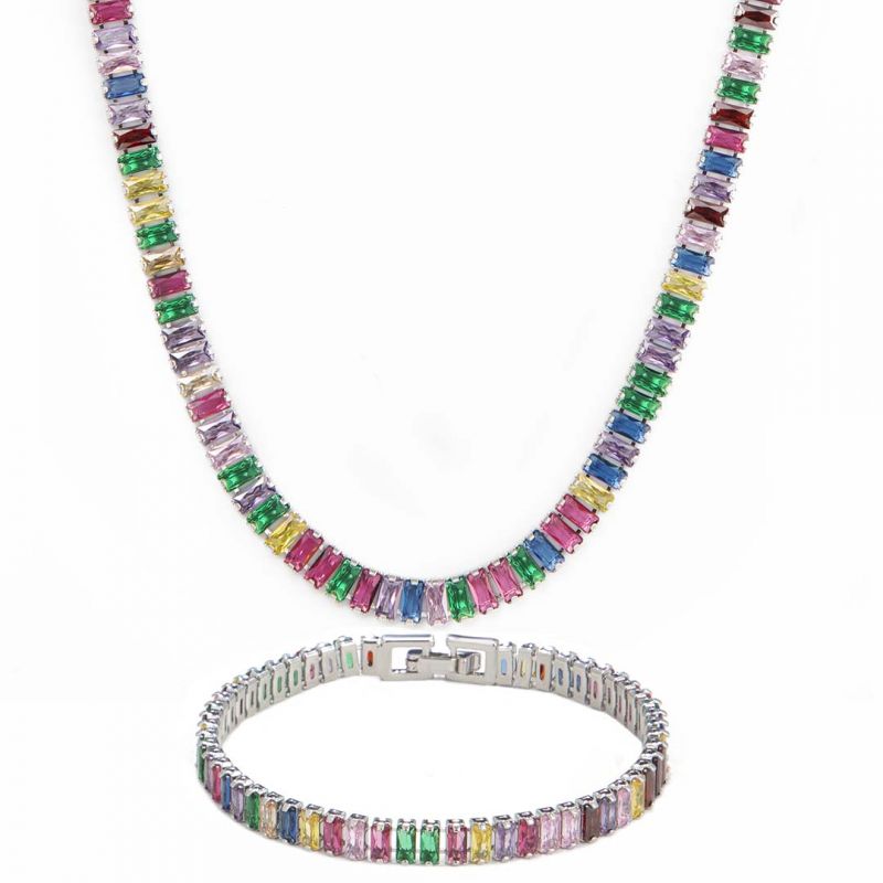 Multicolor Emerald Cut Tennis Chain Set for Women