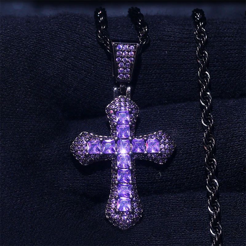 Iced Purple Princess Cut Cross Moissanite Pendant in Black Gold