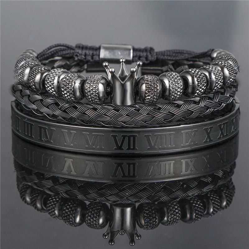 3Pcs Crown Beads and Roman Number Steel Bracelet Set